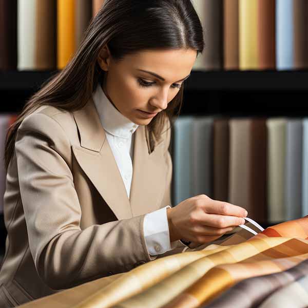 Una donna in abito da lavoro esamina attentamente dei campioni di tessuto con un'espressione concentrata, in piedi davanti a uno scaffale pieno di materiali di vari colori.