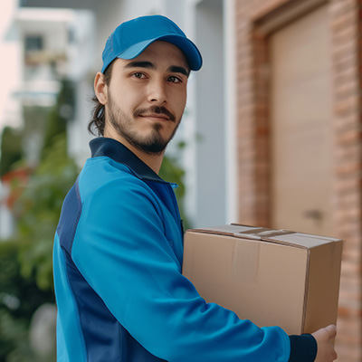 Un corriere in uniforme con berretto blu tiene in mano un pacco, apparentemente consegnandolo a un indirizzo residenziale.