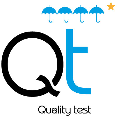 Testo alternativo: Logo con le lettere "Qt" in nero e azzurro con tre ombrelli azzurri e una stella gialla sopra, accompagnato dalla scritta "Quality test" in nero.