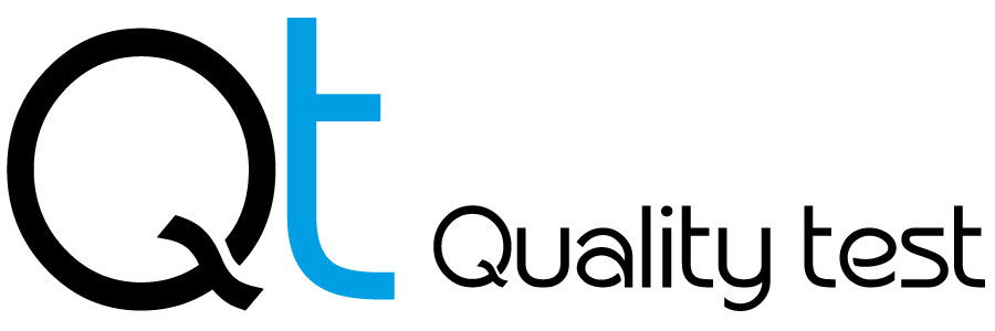 Logo con il testo "Qt" in grassetto nero con la lettera 'Q' e un accento blu sulla lettera 't', seguito dalle parole "quality test" in carattere più piccolo e sottile.