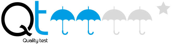 Logo with the letters "Qt" in large blue and black font, followed by the words "Quality test" in smaller grey font. There are four umbrellas above the text, with the two middle ones in blue and the outer ones in grey, all sharing a connected handle line. A grey star shape is situated at the far right.