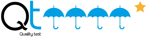 A graphic with the letters "Qt" in black and blue, followed by a series of five blue umbrellas, underneath is the text "Quality test", and at the far right, there is a gold star.