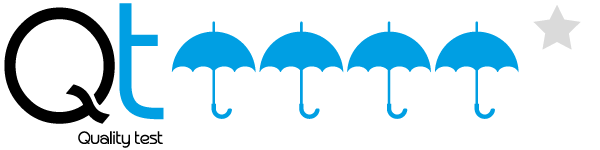 A stylized graphic with the letters 'Qt' in black and blue next to a sequence of five blue umbrellas with handles pointing downwards, followed by the words 'Quality test' in gray, and a gray star on the right.