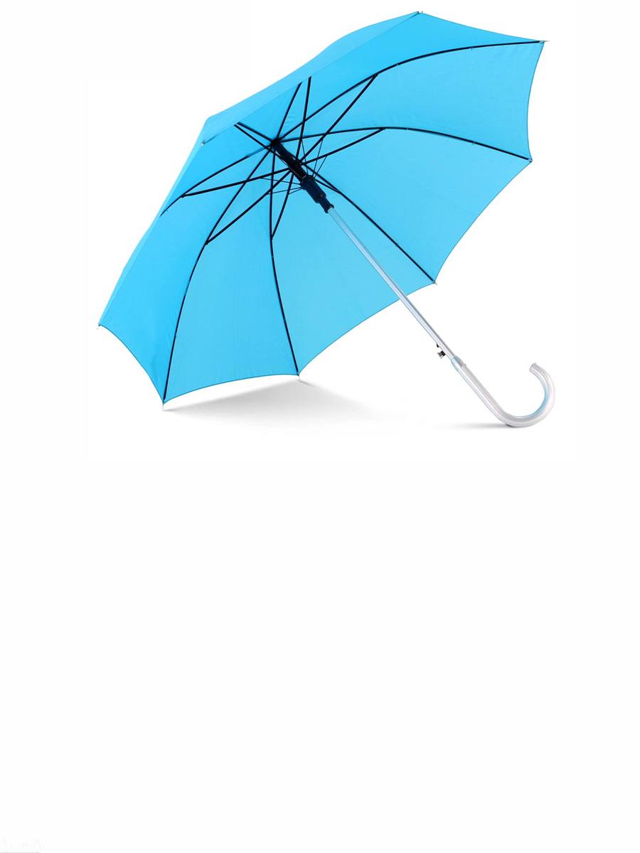 Un ombrello azzurro aperto su sfondo bianco.