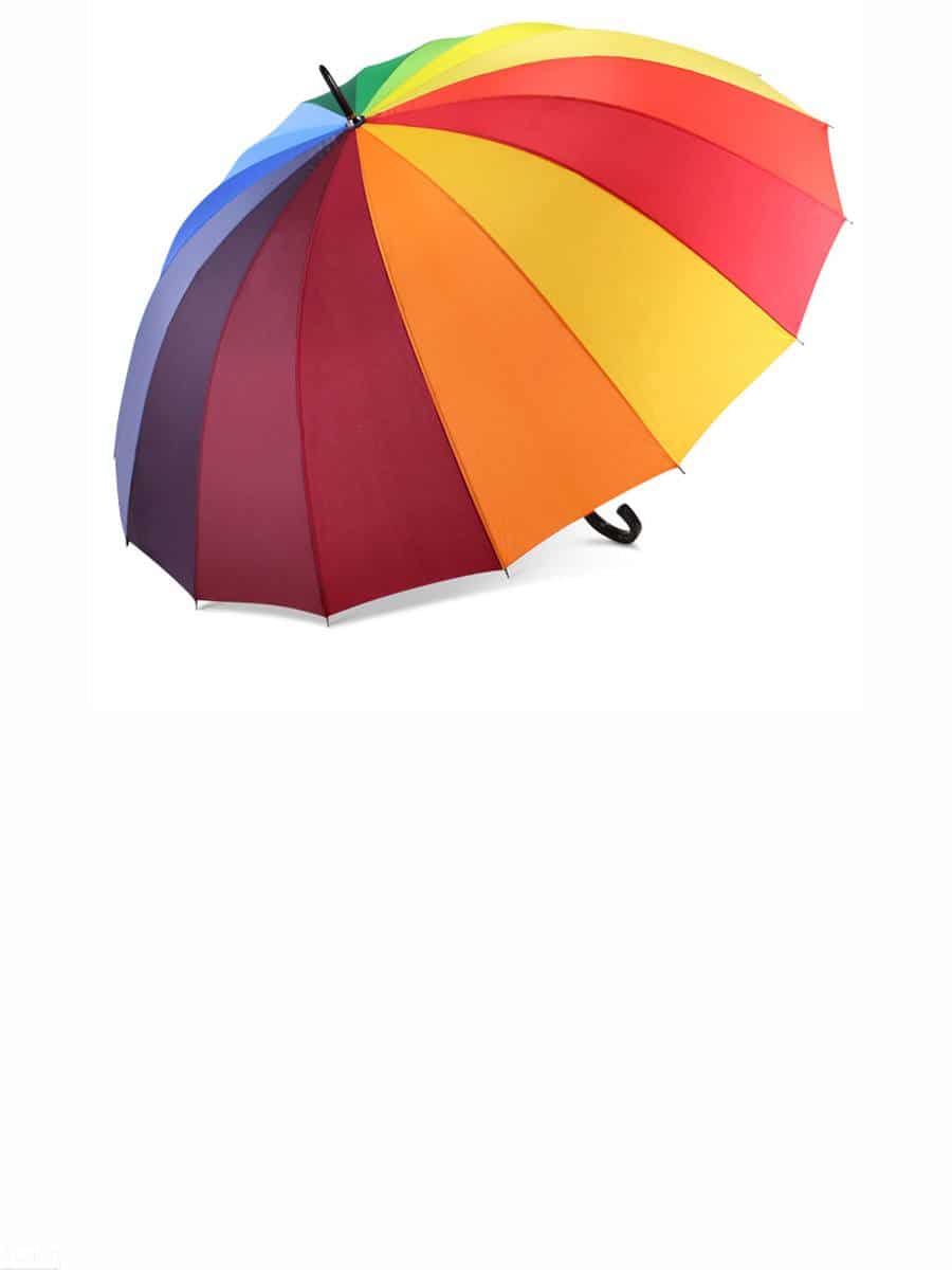 Ombrello aperto con vari colori vivaci su sfondo bianco.