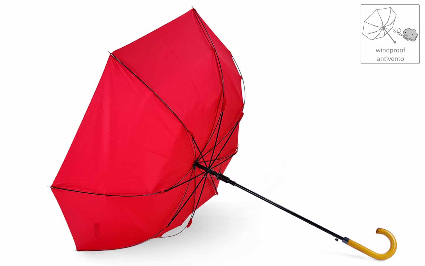 Ombrello rosso con manico in legno, progettato per resistere al vento.