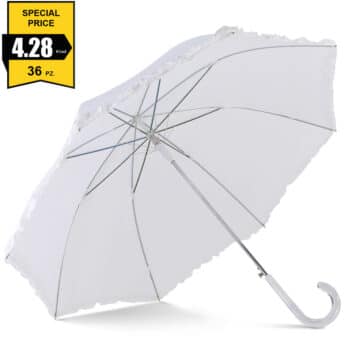 Ombrello da sposa bianco bianco con manico curvo trasparente. Prezzo speciale.