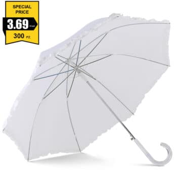 Ombrello da sposa bianco bianco con manico curvo trasparente. Prezzo speciale.