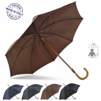ombrello lusso uomo manico legno curvo in legno, accompagnato da un'immagine che mostra varianti di colore e l'indicazione "Made in Italy".